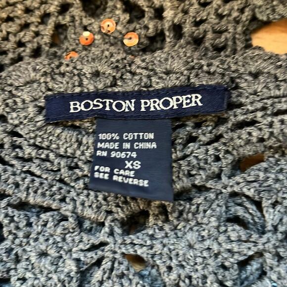 Boston Proper | XS Smoky Gray Lacy Crochet Look Open Weave Cardigan, Fabric Bow - Picture 15 of 16